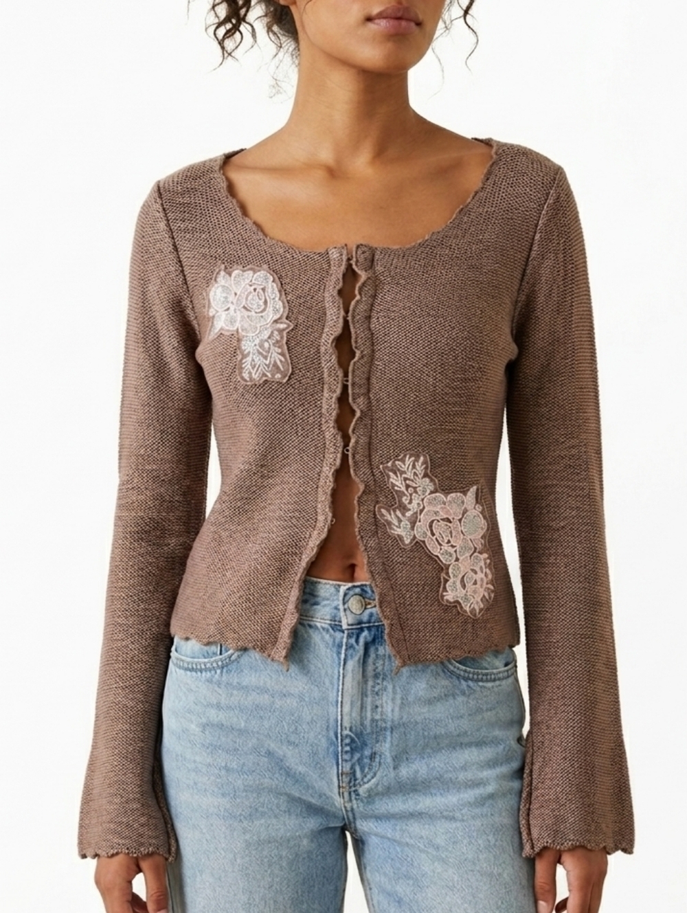 Silence + Noise Floral Embroidered Knit Cardigan Muted Mauve Brown S